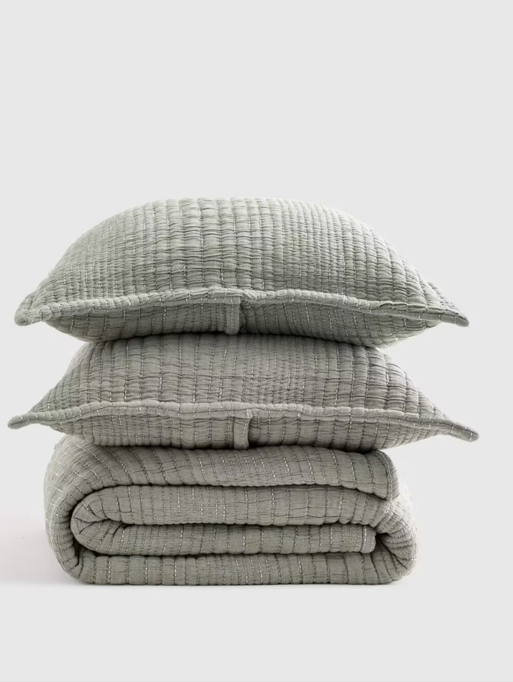 Quince Organic Cotton Channel Stitch Coverlet Green Set Size Queen NEW